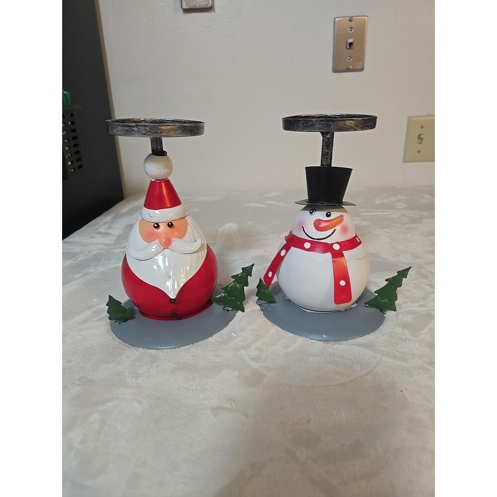 Kringle Express Set Of Two Metal Characters Candle Stands Santa And Snowman